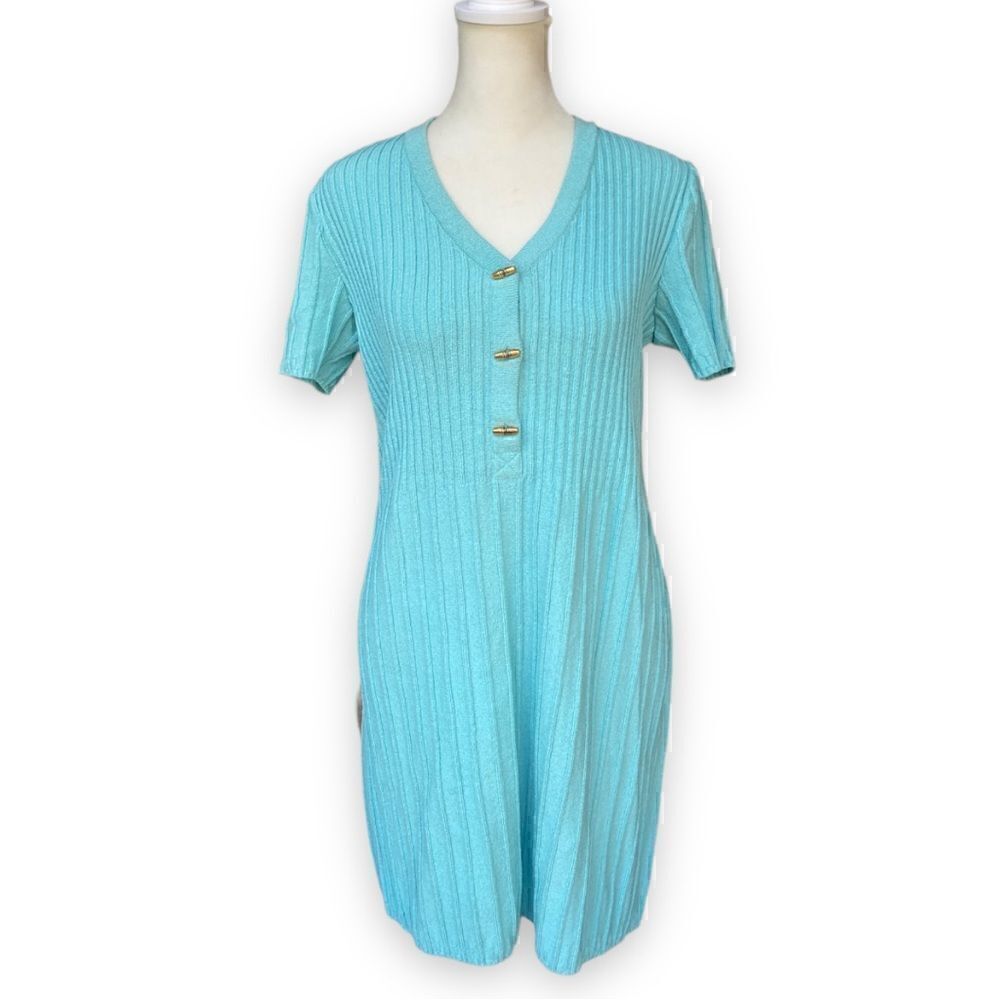 ST. John Sport Blue Green Ribbed Stretch Knit Short Sleeve Dress Dress | Small